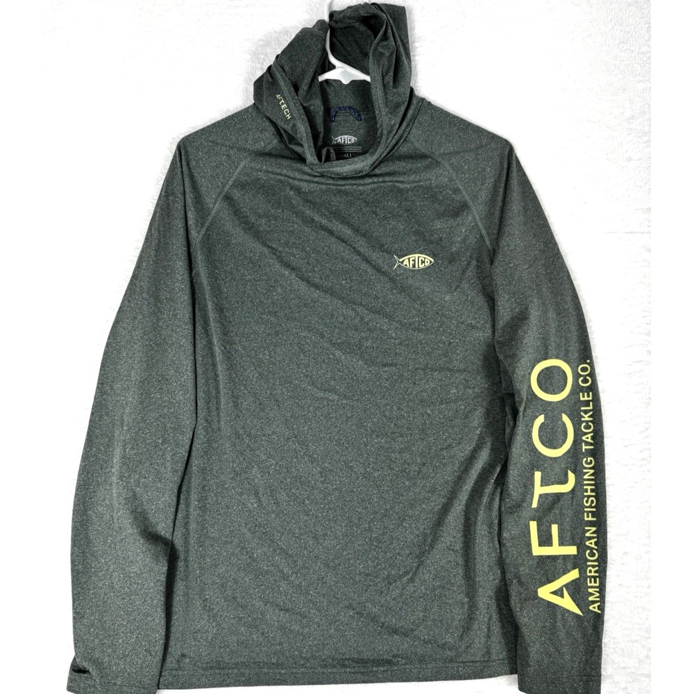 AFTCO Hooded Performance Fishing Shirt Long Sleeve Green Small UPF AFTECH